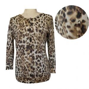 Joseph A Leopard Glitter Cardigan Womens Sweater Sz L Y2K Crystal Bling Glam
